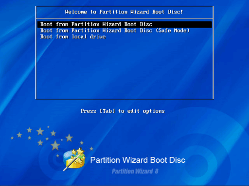 Partition Wizard Bootable CD ブートメニューのスクリーンショット
